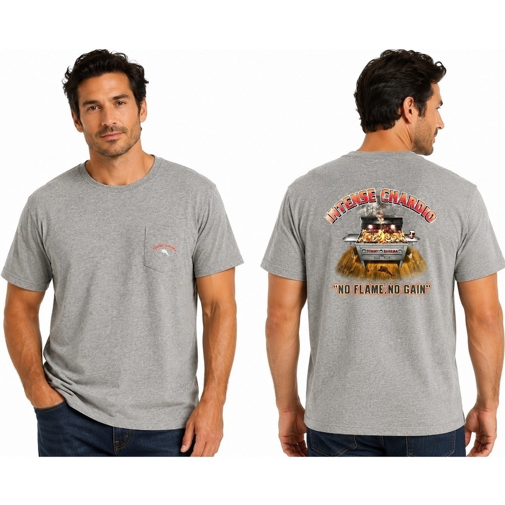 Tommy Bahama 2XL Gray Graphic Tee Chardio BBQ Grilling Crew Neck Pocket Shirts